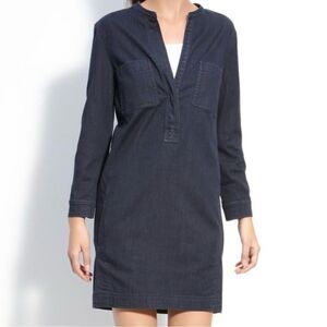 VINCE Chambray VNeck Long Sleeve Shift Dress Pockets Denim Navy Blue Size 6